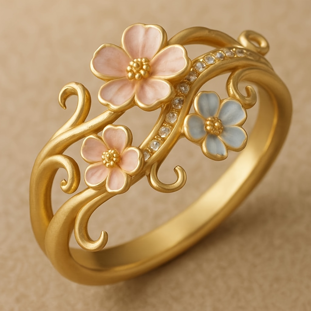 Women's French Retro Style Three-Color Floral Statement Ring